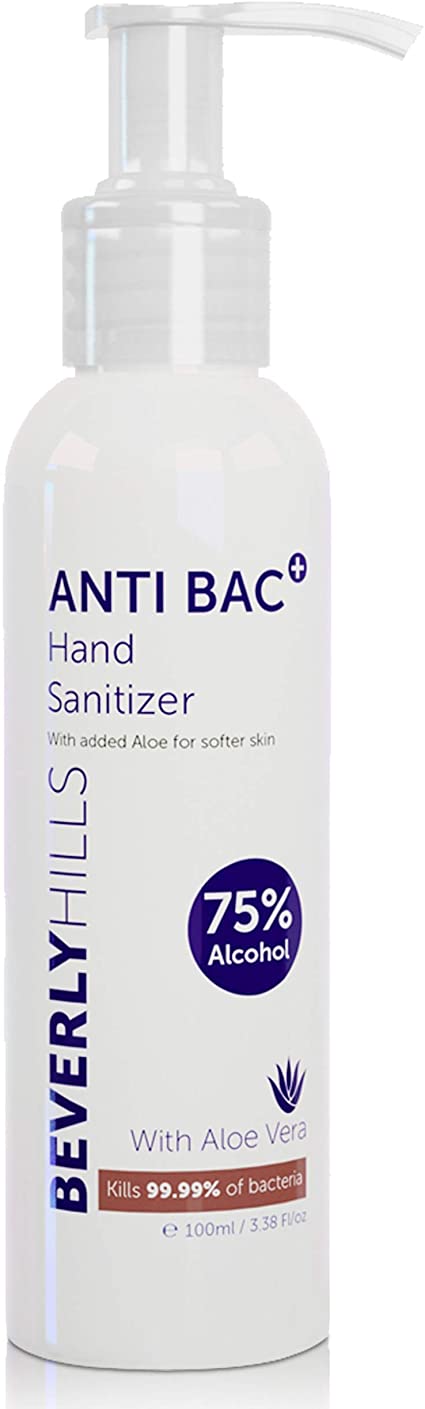 Beverly Hills Hand Sanitiser with 75% Alcohol and Aloe Vera Gel to Soften Skin (100ml/3.3oz size)