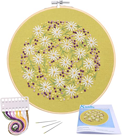 Full Range of Embroidery Starter Kit with Pattern, Kissbuty Cross Stitch Kit Including Stamped Embroidery Cloth with Pattern, Bamboo Embroidery Hoop, Color Threads and Tools Kit (Daisy Flowers)