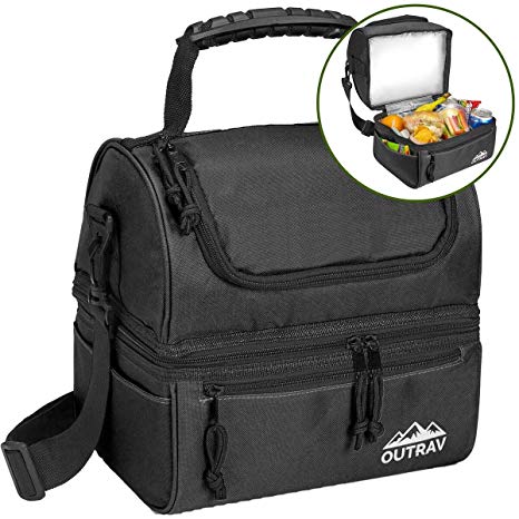 Black Padded Insulated Lunch Bag Cooler – Soft Collapsible Leak Proof Tote For Camping, Picnics and Travel – 2 Large Compartment, Zippered Pocket and Side Pouches - Outrav