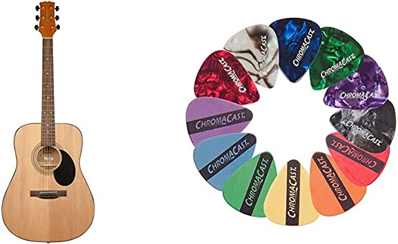 Jasmine S35 Acoustic Guitar, Natural & ChromaCast CC-SAMPLE Sampler Guitar Picks (12 count)