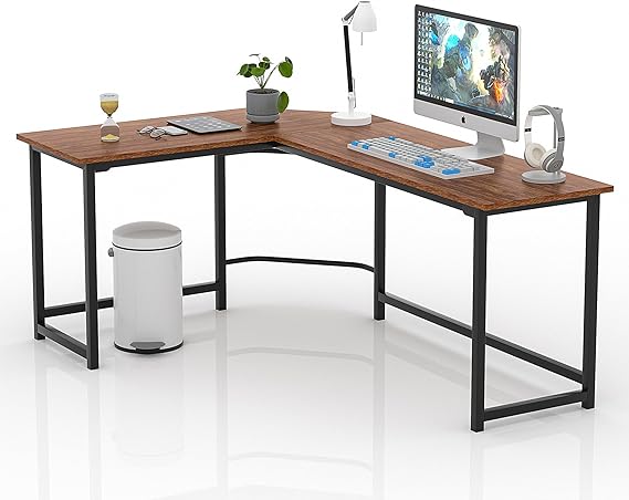 VECELO Large Corner Computer Desks L-Shaped with CPU Stand/PC Laptop Study Writing Table Workstation for Home Office Wood & Metal, 66 inch, Walnut Black Leg