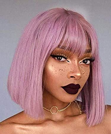Annivia Purple Pink Short Bob Wig with Bangs for Women 12'' Corlor Synthetic Straight Wigs with Bangs Halloween Cosplay Party Wig (Purple Pink)