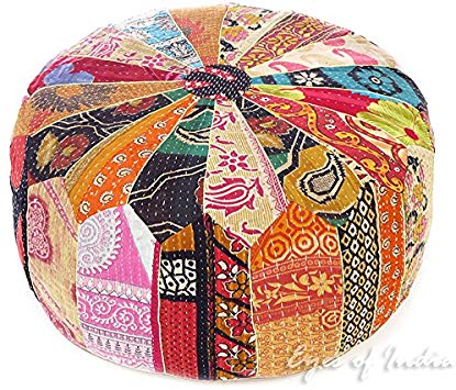 Eyes of India - 24 X 10 Large Colorful Vintage Kantha Round Ottoman Pouf Pouffe Cover Floor Seating Boho Chic Bohemian Accent Indian Handmade Cover ONLY