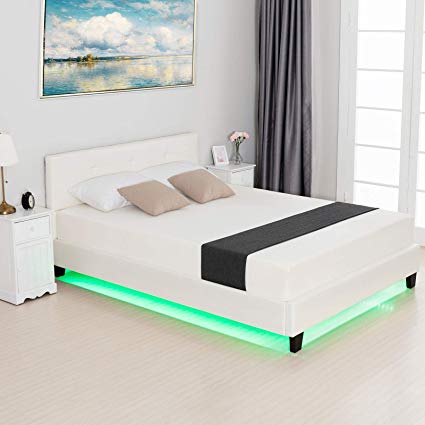 LAGRIMA Modern Upholstered Faux Leather Platform Bed with LED Light with 2.8-Inch Solid Wooden Slat Support, White, Queen Size