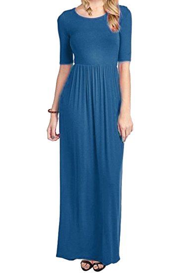 Meaneor Women's 3 4 Sleeve Solid Plus Maxi Long Dress with Elastic Waistband