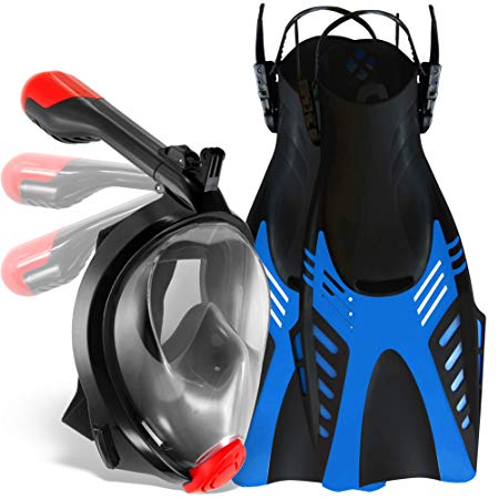 COZIA Design Snorkel Set with Foldable Snorkel MASK - Swim FINS Included - Premium Set Ocean View 180 Full Face Snorkel Mask with Go Pro Mount - Snorkel Mask Foldable Tube and Flippers