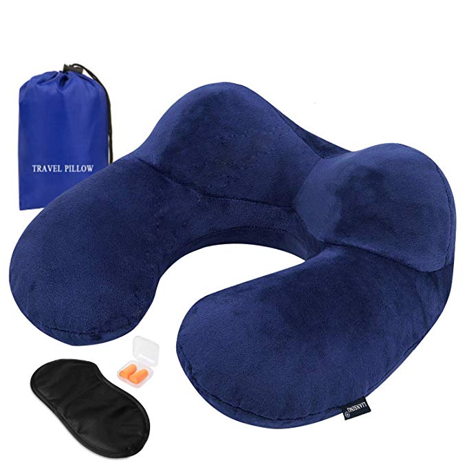 LIANSING Travel, Neck Airplanes, 360-Degree Head Support, Auto-Inflating Flight Pillow with Ear Plugs, Eye Mask and Drawstring Bag (Blue), Large