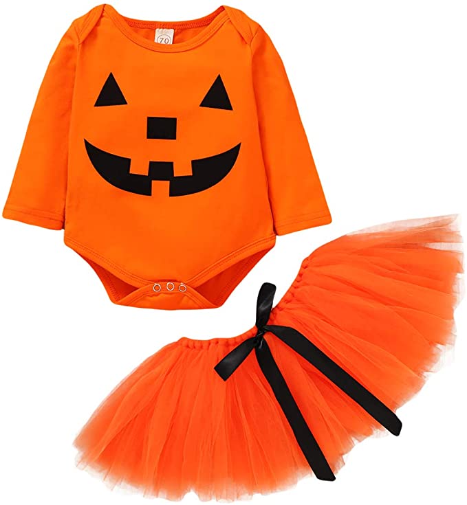 Happy Town Baby Girl Halloween Costumes Pumpkin Smiles Short Sleeve Bodysuit Tutu Skirt Bowknot Dress Outfits