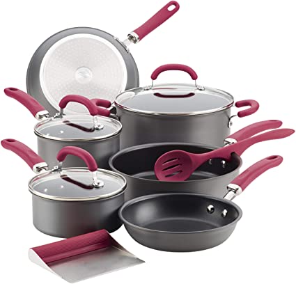 Rachael Ray 81124 Create Delicious Hard Anodized Nonstick Cookware Pots and Pans Set, 11 Piece, Gray with Burgundy Handles