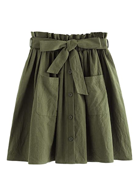 SheIn Women's Casual Self Tie Waist Frill Double Pocket Short Skirt