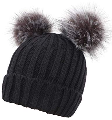 AbbyLexi Women's Winter Ski Knit Warm Fleece Beanie Hat w/Double Fur Pom