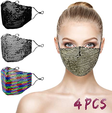 QUXIANG Bling Sequins Fabric Face Masks 4-Pack Fashion Two-Tone Masquerade Face masks Protective for Women, Washable Adjustable Elastic Earloops Reusable Covering Breathable Fit Part