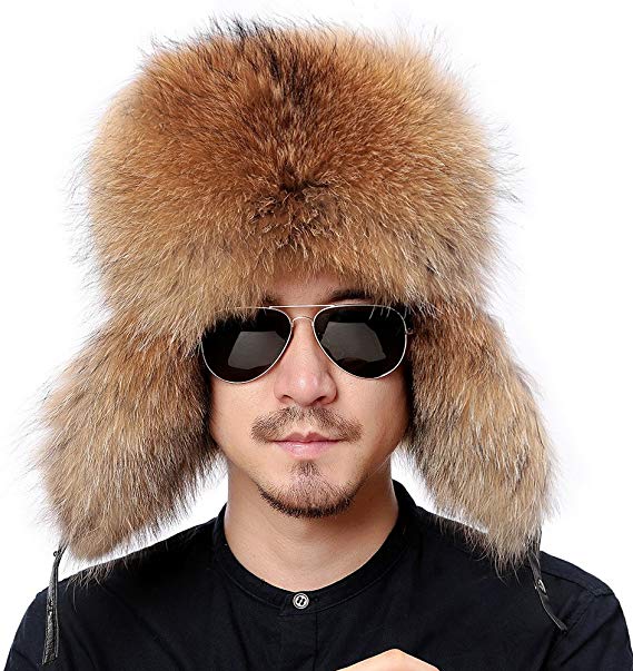 Valpeak Winter Fur Hats for Men Russian Hat Ushanka Hunting Trapper Hat Earflaps Leather Fox Fur