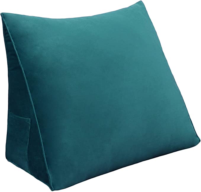 WOWMAX Reading Pillow Bed Wedge Large Adult Backrest Lounge Cushion with Pocket Firm Back Support for Sitting Up in Bed Couch Without arms for GERD Heartburn Velvet for Christmas/Holidays Cyan