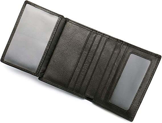 Men’s 2 ID Windows RFID Blocking Smooth Leather Small Front Pocket Travel Bifold Wallet Black