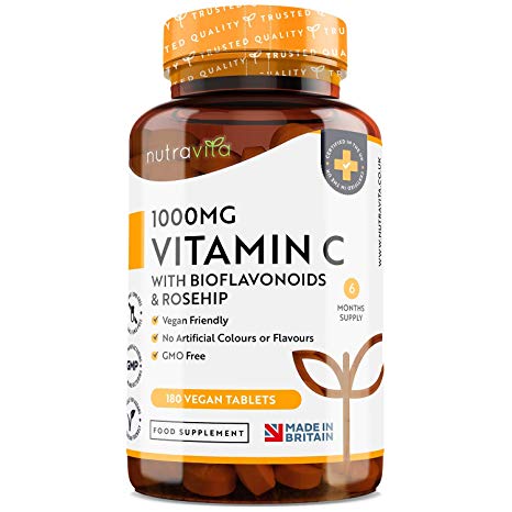 Vitamin C 1000mg with Bioflavonoids and Rosehip - Contributes to The Maintenance of a Normal Immune System - 180 Vegan Tablets - 6 Month Supply - Made in The UK by Nutravita