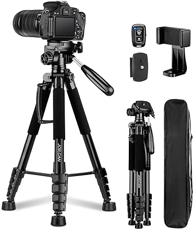 JOILCAN 75" Camera Tripod, Aluminum Tripod for Camera Stand, Tall Travel Tripod with Wireless Remote Universal Phone Mount and 2 QR Plates, Compatible with Canon Nikon DSLR Camera Laser Projector