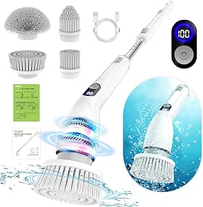 Electric Spin Scrubber, Cordless Cleaning Brush with 7 Replaceable Brush Heads, Adjustable Extension Handle Electric Cleaning Brush with Power Display for Bathroom, Tub, Tile, Floor Wall