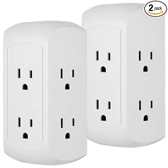 GE Pro 6 Outlet Surge Protector Adapter Spaced Tap, 2 Pack, Power Strip, Charging Station, Side Access, White, 50038