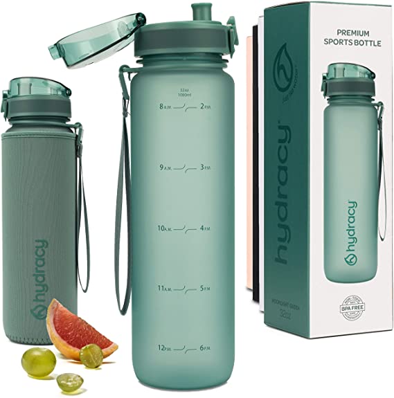 Hydracy Water Bottle with Time Marker - Large 500 ml 17 Oz BPA Free Water Bottle - Leak Proof & No Sweat Gym Bottle with Fruit Infuser Strainer - Ideal for Fitness or Sports & Outdoors MoonlightGreen