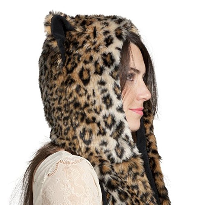 Leopard Full Animal Hood Hoddie Hat Faux Fur 3 In 1 Function