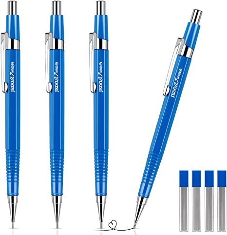 4 Pack Mechanical Pencil Automatic Drafting Pencil Set Metal Drawing Pencils and 4 Retractable Automatic Drafting Pencils Refills for Drafting, Sketching, Illustration(Blue,0.7 mm)