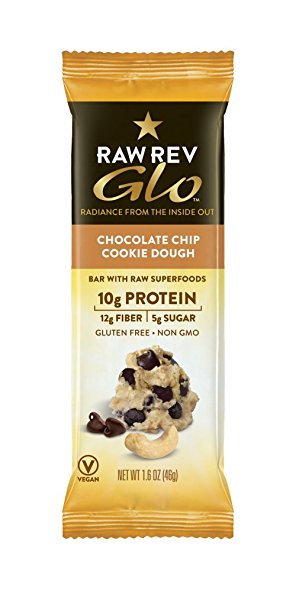 Raw Rev Glo 12 Pack Case - Chocolate Chip Cookie Dough Bars with Raw Superfoods. High Protein (Plant Based), High Fiber, Low Sugar (Sweetened with Imo), Organic Ingredients, Gluten Free, Non GMO