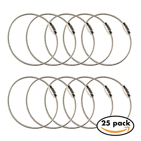 25pack Stainless Steel Wire Keychains 1.5mm 6.3 Inches Aircraft Cable Key Ring Loops for Hanging Luggage Tags or ID Tags