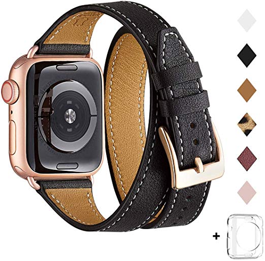 Bestig Band Compatible for Apple Watch 38mm 40mm 42mm 44mm, Genuine Leather Double Tour Designed Slim Replacement iwatch Strap for iWatch Series 5/4/3/2/1 (Black Band Rose Gold Adapter, 38mm 40mm)