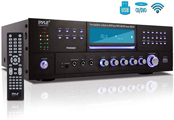 4-Channel Home Theater Bluetooth Preamplifier - 3000 Watt Stereo Speaker Home Audio Receiver Preamp w/ Radio, USB, 2 Microphone w/ Echo for Karaoke, CD DVD Player, LCD, Rack Mount - Pyle PD3000BT