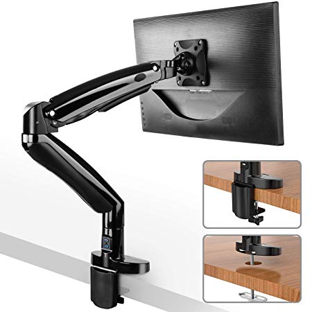 HUANUO Monitor Mount Stand - Long Single Arm Gas Spring Monitor Desk Mount for 22 to 35 Inch Computer Screens Height Adjustable VESA Bracket with Clamp or Grommet Mounting Base - Holds 6.6 to 19.8 lbs