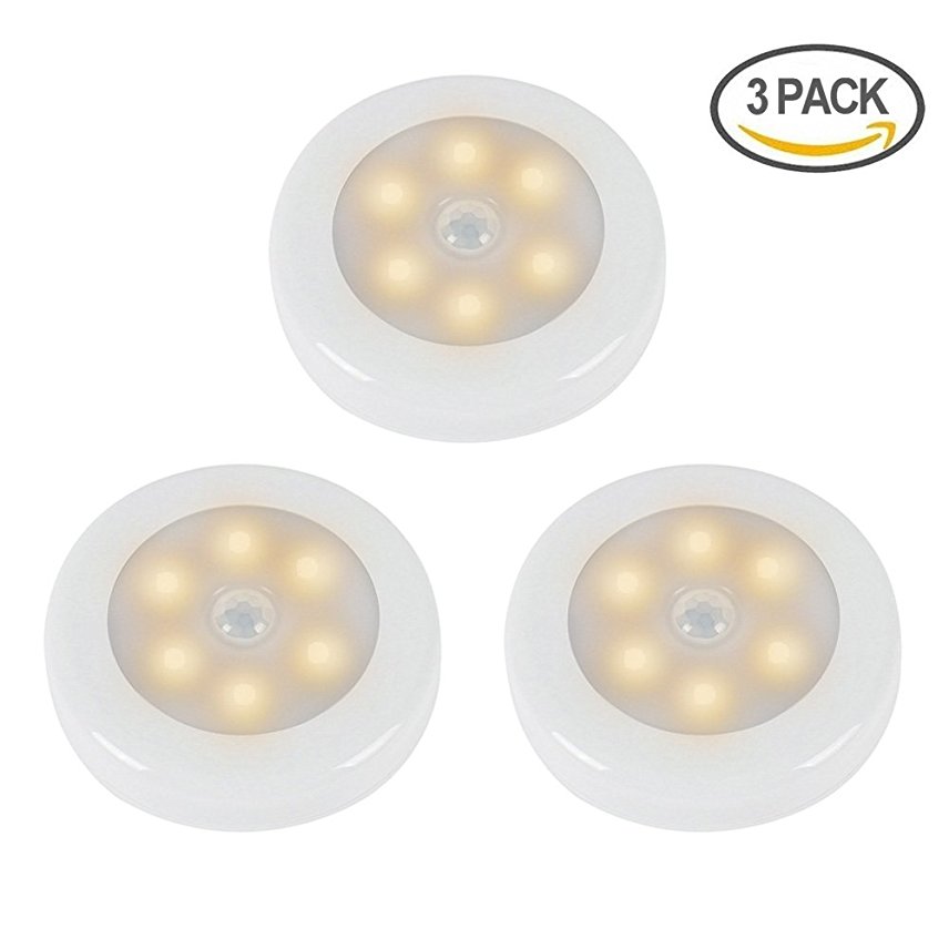 ZEEFO 3 Pack LED Motion Sensor Night Light, Battery-Powered Lights for Wardrobe Cupboard Under Stairs Kitchen Cabinet Light with 3M Adhesive Pads, Built in Magnet (Warm Light)