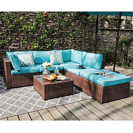 OC Orange-Casual 6-Piece Outdoor Patio Sectional Sofa Set Brown Wicker Furniture Set with Turquoise Seat Cushions & Tempered Glass Coffee Table