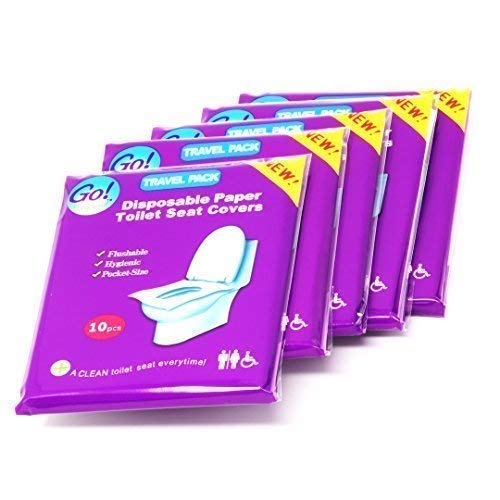 GoHygiene Flushable Paper Toilet Seat Covers, 5 Travel Packs (50 Covers), Each Pack contains 10 Paper Seat Covers, Hygienic, Disposable, Pocket Size, Use in Public Toilets