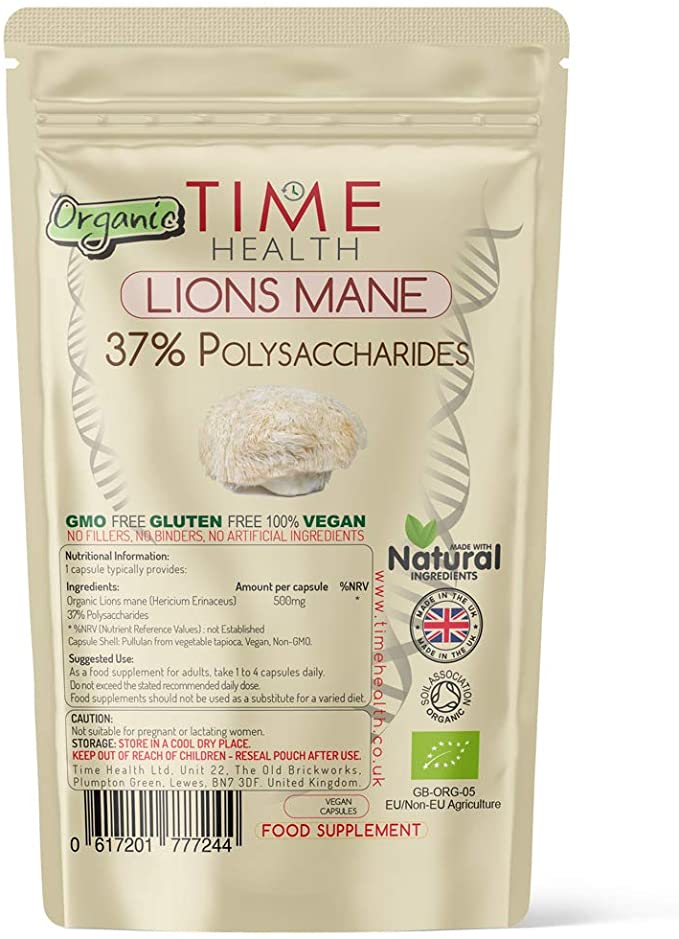 Lions Mane Organic Extract - 120 Capsules - EU Grown - 37% Polysaccharides - Dual Extracted - No Fillers, Binders or Flow Agents - Vegan - Pullulan Encapsulated (120 Capsule Pouch)