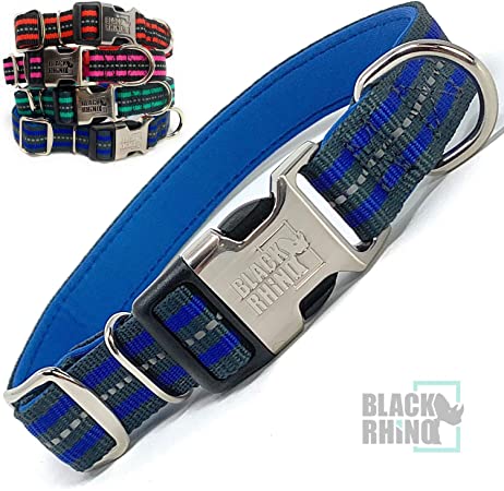 Black Rhino - The Hybrid Striped Dog Collar for Medium Large Breeds | Heavy Duty | Soft Padded Neoprene - Reflective & Adjustable - Matching Leashes Sold Separately