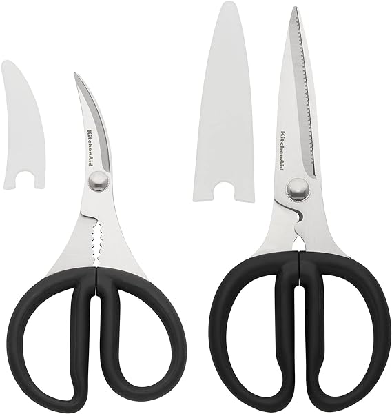 KitchenAid Stainless Steel Set of 2 All Purpose and Seafood Shears Set with Soft Touch Handles and Protective Sheath, Curved Handle to Cut Crustacean Shell, Dishwasher Safe, Black