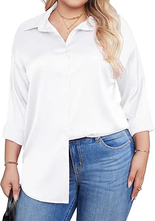 IN'VOLAND Womens Plus Size Satin Silk Blouse Button Down Shirts Casual Long Sleeve Office Work Tunic Tops