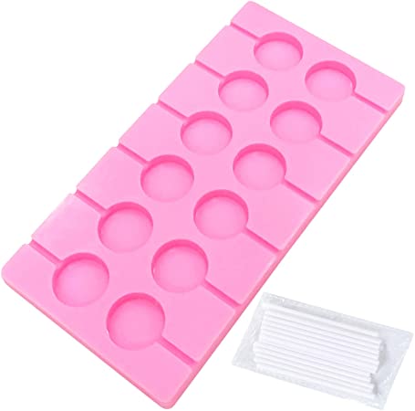 [NEW VERSION] V-fox 12-Capacity Small Round Silicone Lollipop Molds, Chocolate Hard Candy Mold with Sucker Sticks for Baking (Pink, 1pcs)