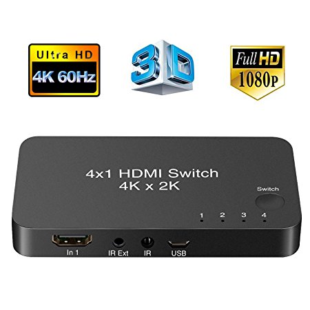 HDMI Switcher 4 Port 1 Out 4x1 HDMI Switch Box V2.0 with IR Wireless Remote Support 4Kx2K@60Hz 3D 1080P for HDTV PS3 PS4 Blu-ray DVD Home Theater Digital Projectors etc. Black