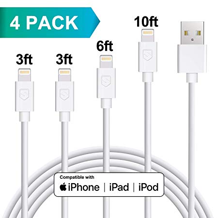 Lightning Cable, MFi Certified 4Pack 3FT 6FT 10FT Lightning to USB Cable High-Speed Durable Charger Cord Compatible with iPhone XR XS XSMax X 8 8 Plus 7 7 Plus 6 6s Plus SE 5 5s 5c iPad iPod (White)