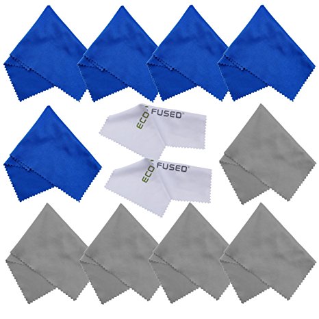 Microfiber Cleaning Cloths - 10 Colorful Cloths and 2 White ECO-FUSED Cloths - Ideal for Cleaning Glasses, Spectacles, Camera Lenses, iPad, Tablets, Phones, iPhone, Android Phones, LCD Screens and Other Delicate Surfaces (Blue / Grey)