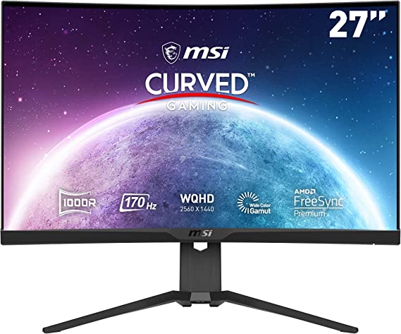 MSI G272CQP Curved Gaming Monitor - 27 Inch, 16:9 WQHD (2560 x 1440), 2K, VA, 170Hz, 1ms, 1000R, FreeSync Premium, HDR, DisplayPort, HDMI, Wide Color Gamut, Frameless, Anti-Flicker, Less Blue light