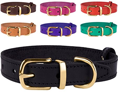 BronzeDog Classic Basic Handmade Genuine Leather Dog Collar, Hardware Solid Brass Leather Collar for Dogs Small Medium Large Puppy Red Black Brown