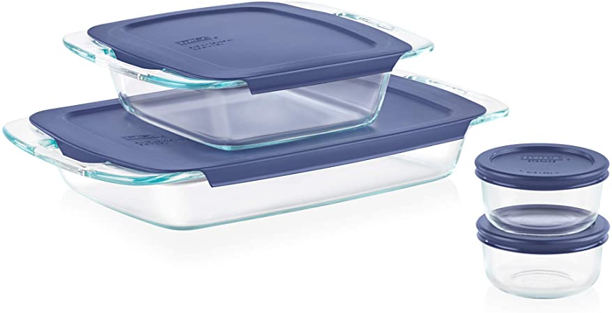 Pyrex Easy Grab 8-Piece Bake and Store Set, 1-Ea 3 Quart Oblong, 8-Inch Square, 2-Ea 1 Cup Round Storage Dishes with Blue Plastic Covers