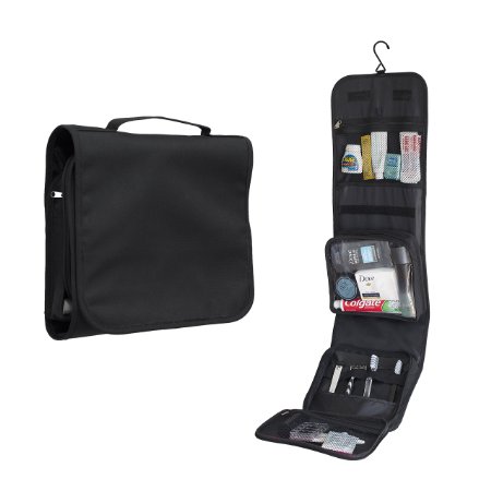 Travel Hanging Wash Bag by Walden. Unfolding, open, compact men's/women's black toiletry bag with sturdy hook and zip and detachable transparent compartment.