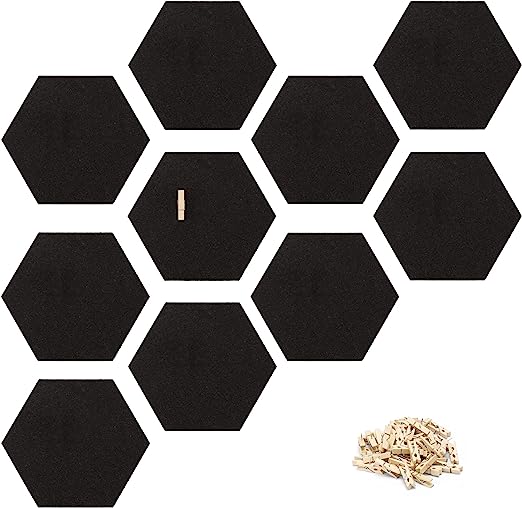 Navaris Hexagon Cork Board Tiles - Set of 10 100% Cork Notice Memo Bulletin Boards with Pack of Wooden Push Pins Clips - 15 x 17.7 cm - Black