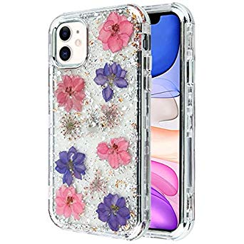 Kaleidio Case Compatible for Apple iPhone 11 (6.1") [TUFF Kleer] Hybrid 3-Piece Armor Impact [Shockproof] Protector Cover [Pink Purple Flowers/Silver Flakes]