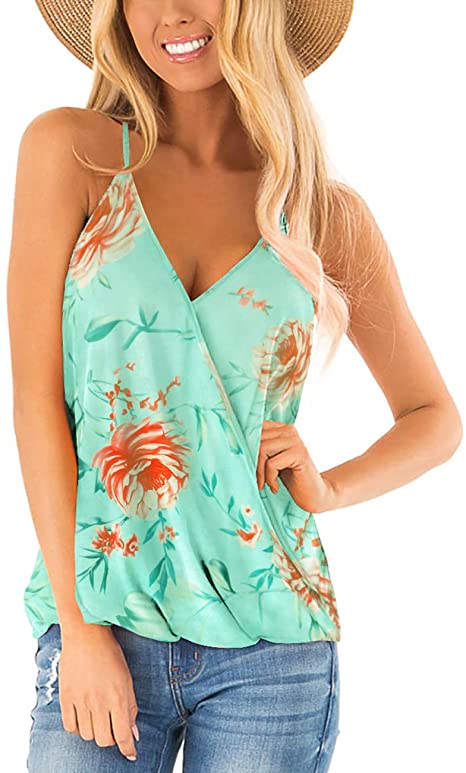 Aokosor Womens Deep V Neck Wrap Spaghetti Strap Tank Tops Summer Sleeveless Shirts Blouses