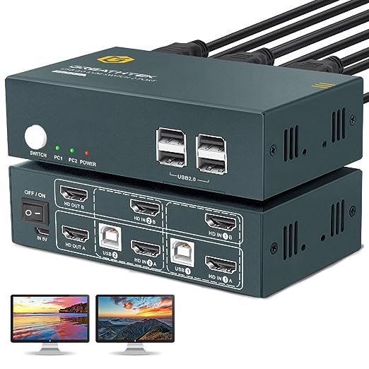 HDMI KVM Switch 2 Monitors 2 Computers,2 Port Dual Monitor Switcher for 2 Computers UHD 4K@60Hz Resolution,USB 2.0 Port YUV4:4:4 Downward Compatible,EDID Emulators